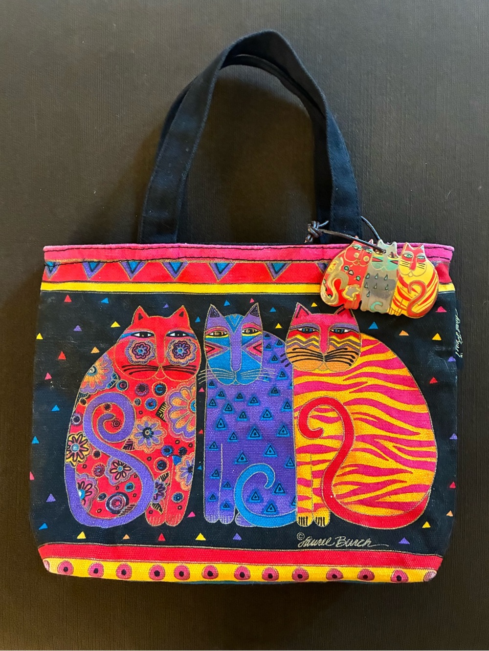 Laurel Burch “Feline Friends” Three Cats Canvas Tote Bag Whimsical Folk Art